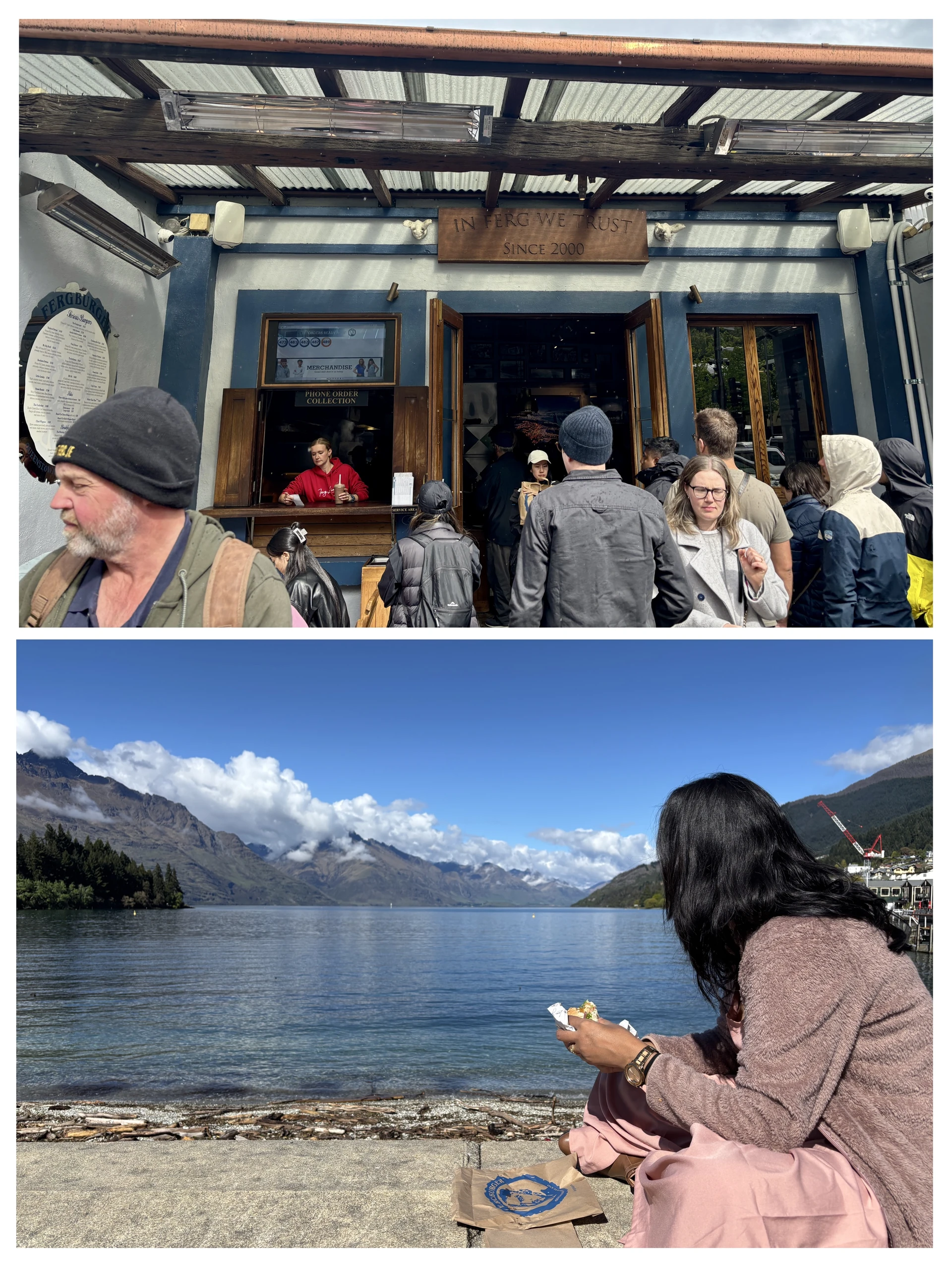Bustling Fergburger shop queue and eating burgers by the lakeside