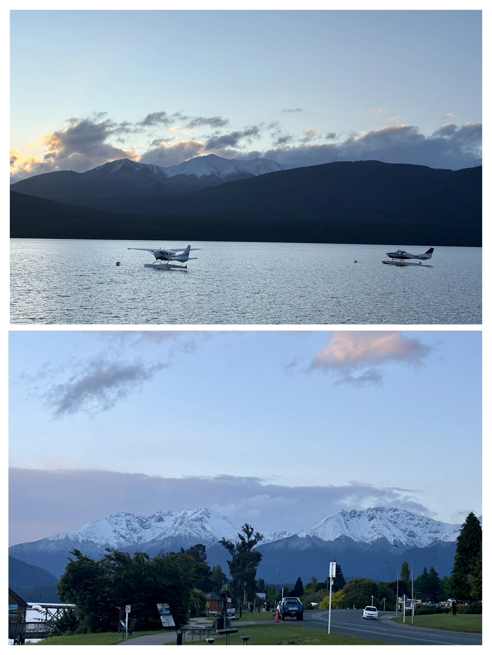 Quiet seaplane resting on calm Lake Te Anau with massive mountains behind