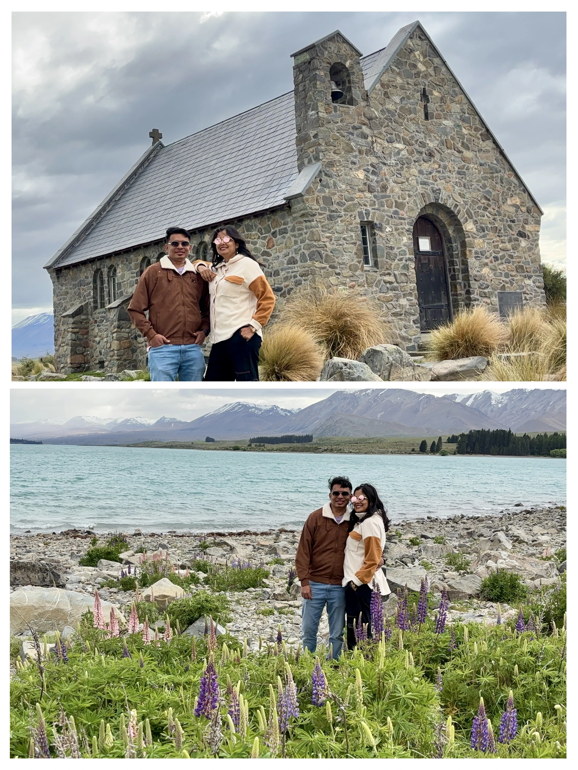 Lupins blooming in purple and pink in front of the historic stone Church of the Good Shepherd
