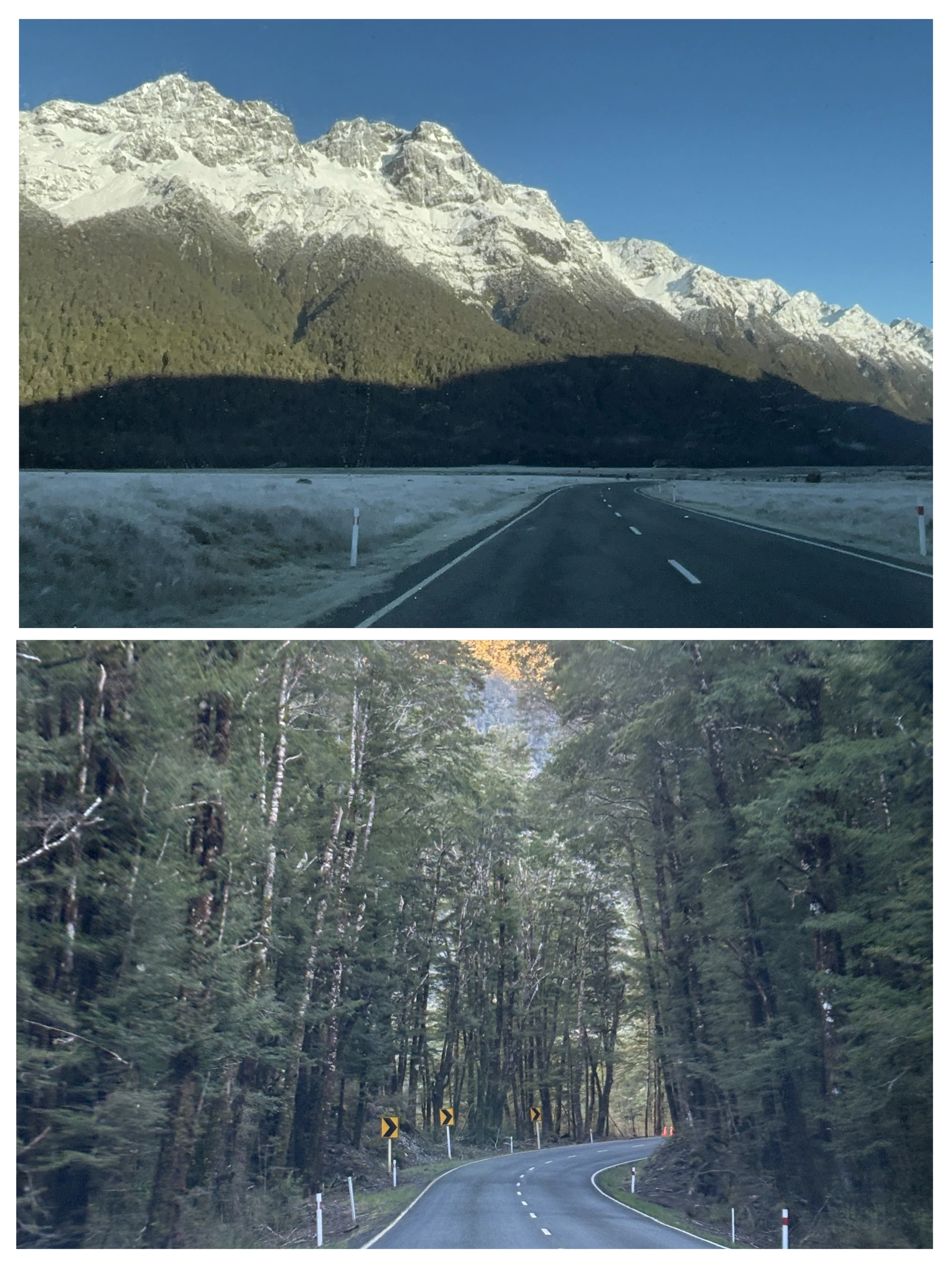 Misty and beautiful winding alpine road to Milford Sound flanked by massive mountains