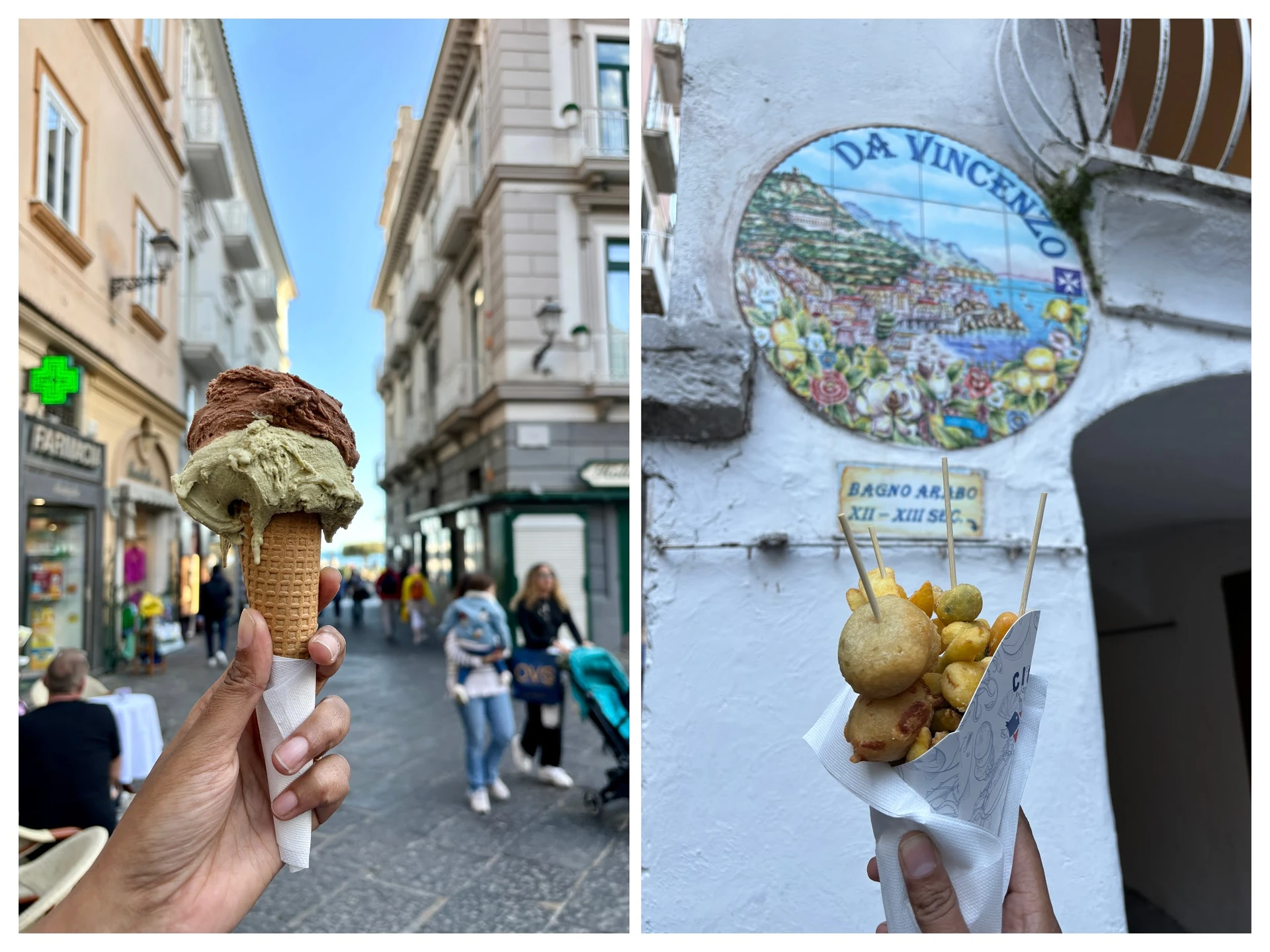 Savoring delicious fresh gelato and hot veg cuoppo in Amalfi village