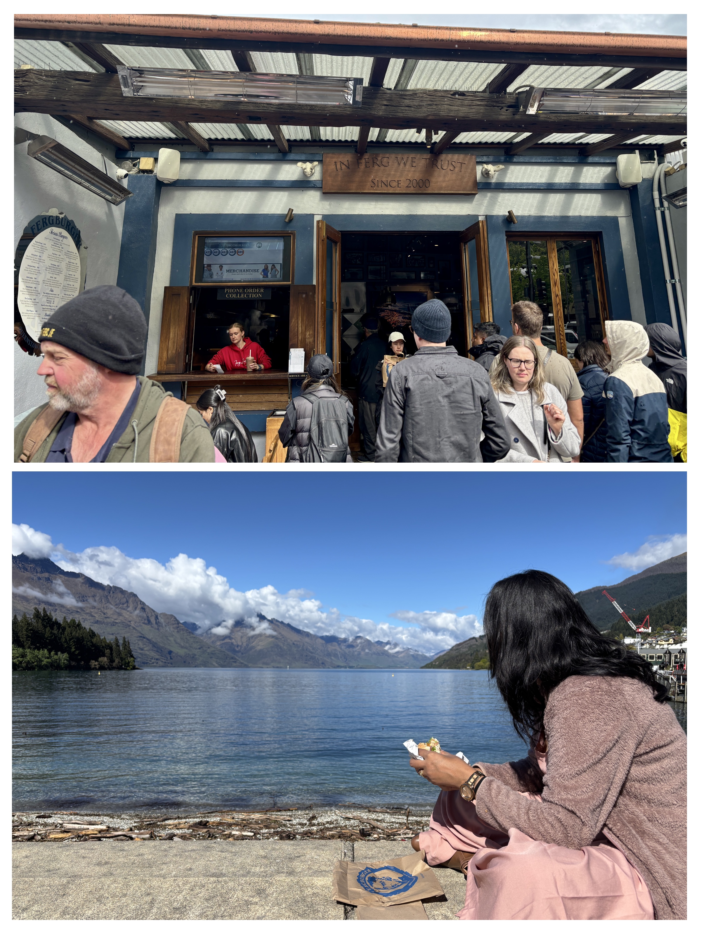 Bustling Fergburger shop queue and eating burgers by the lakeside