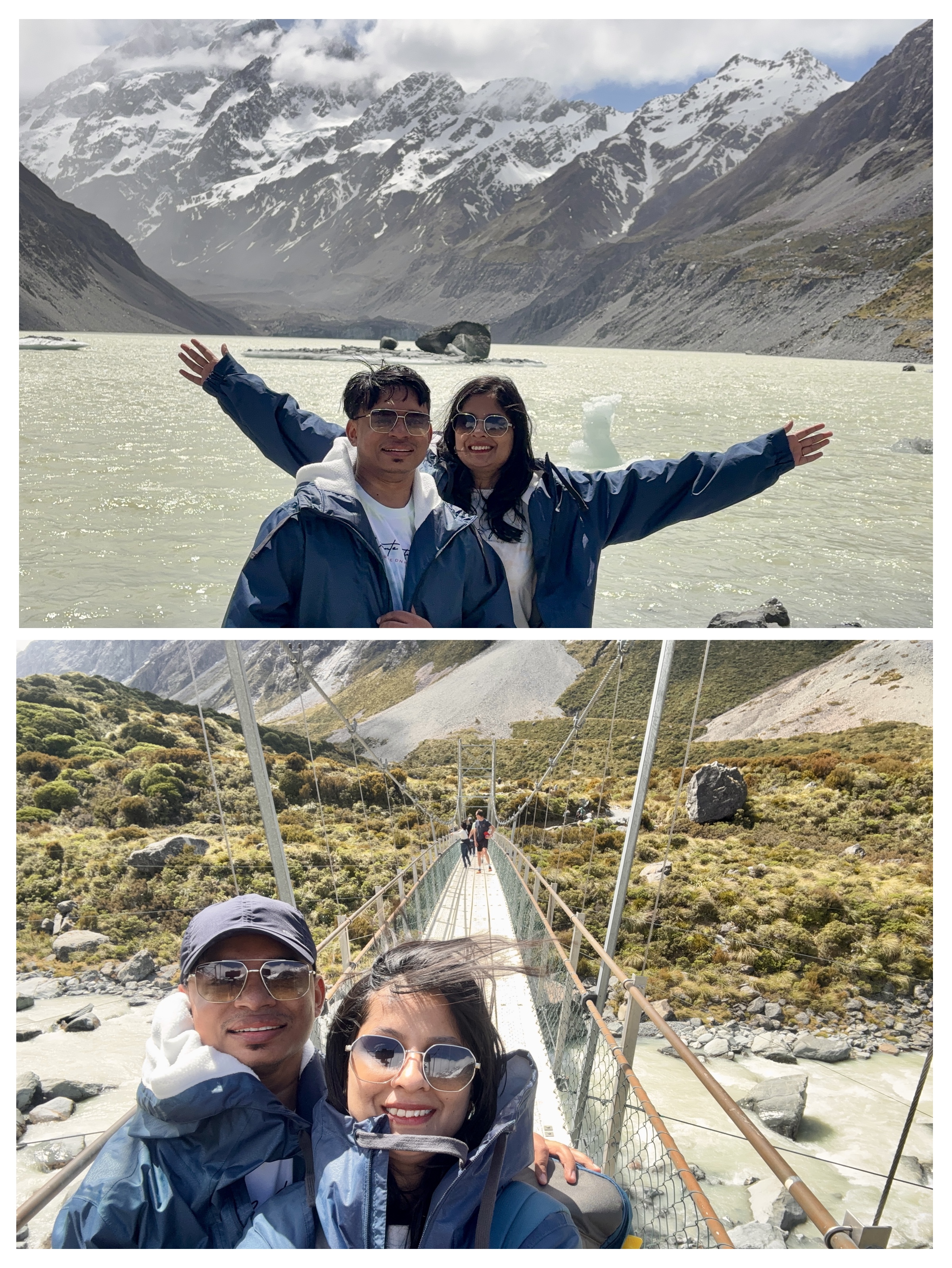Deep green glacial stream and dramatic wooden swing bridge in Hooker Valley