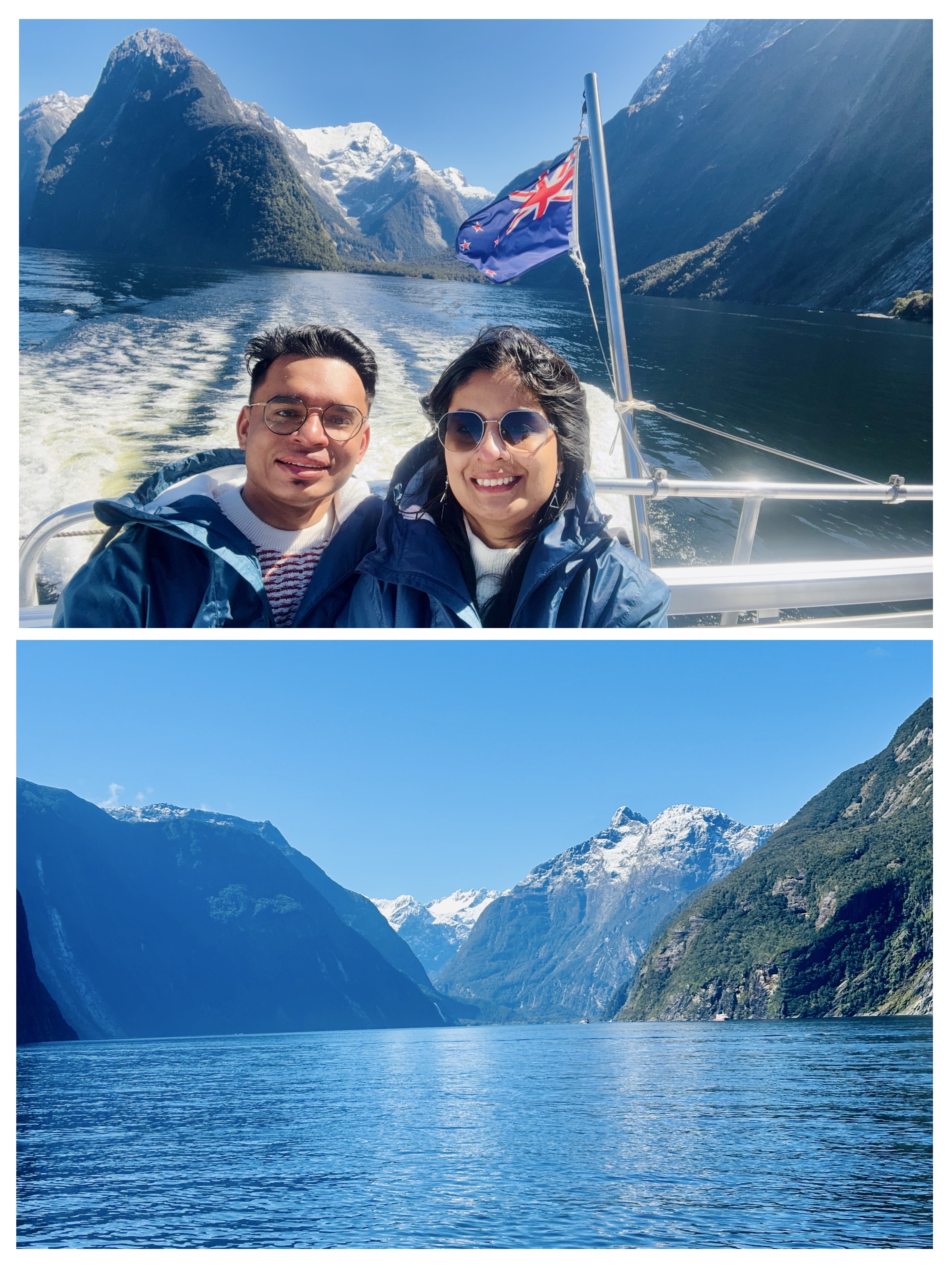 Scenic cruise boat floating next to towering cliffs and waterfalls in Milford Sound