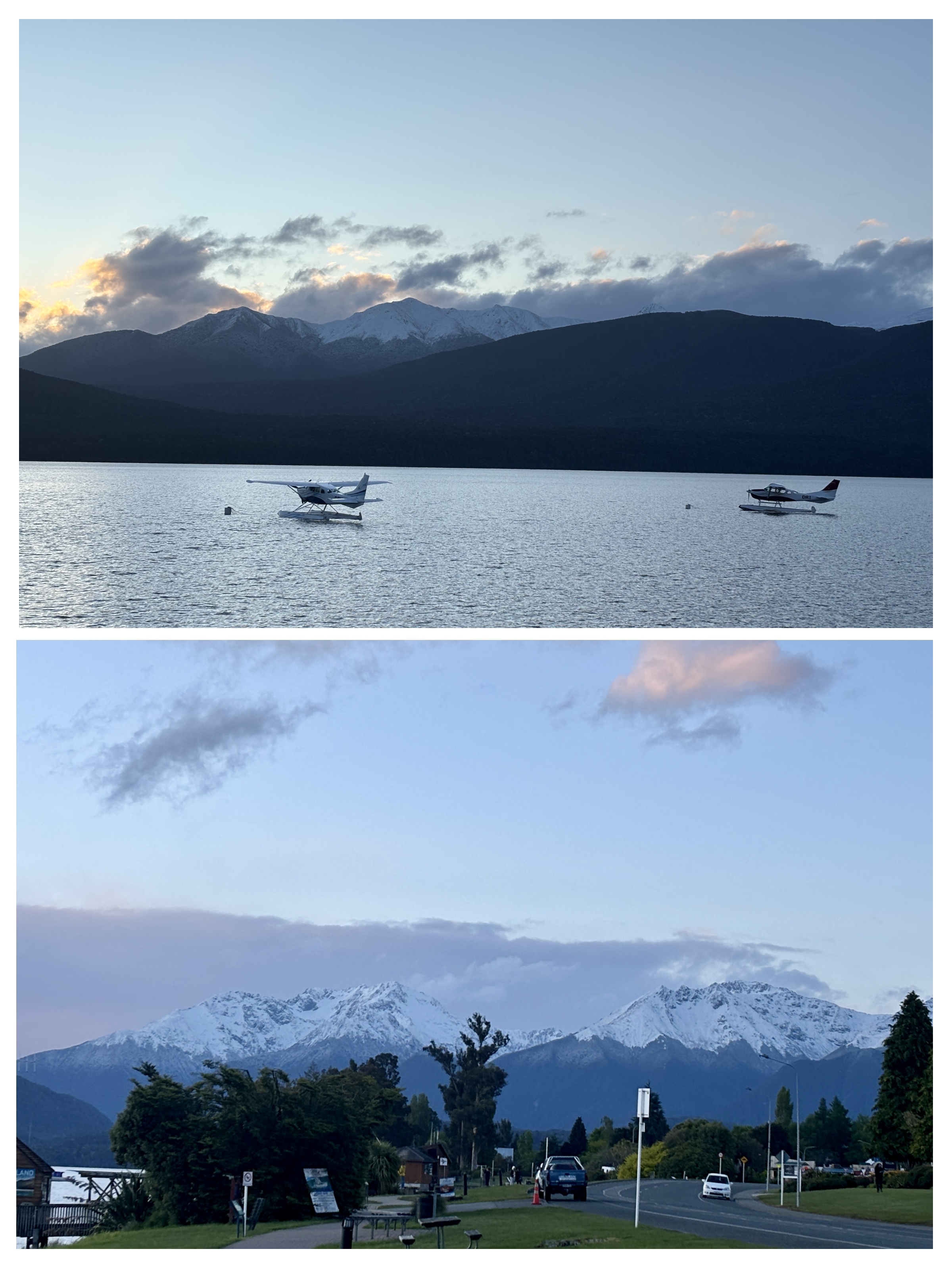 Quiet seaplane resting on calm Lake Te Anau with massive mountains behind
