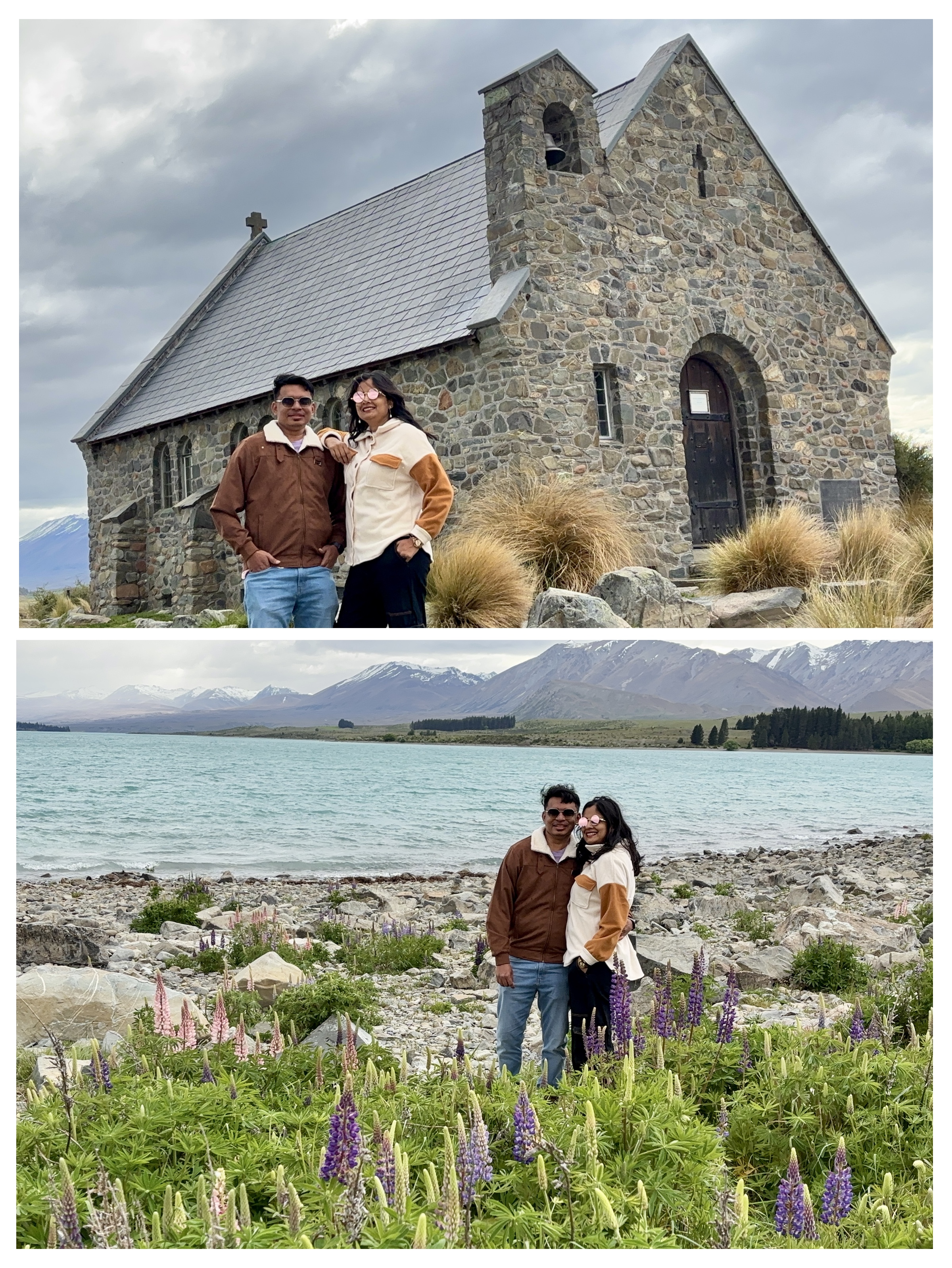 Lupins blooming in purple and pink in front of the historic stone Church of the Good Shepherd