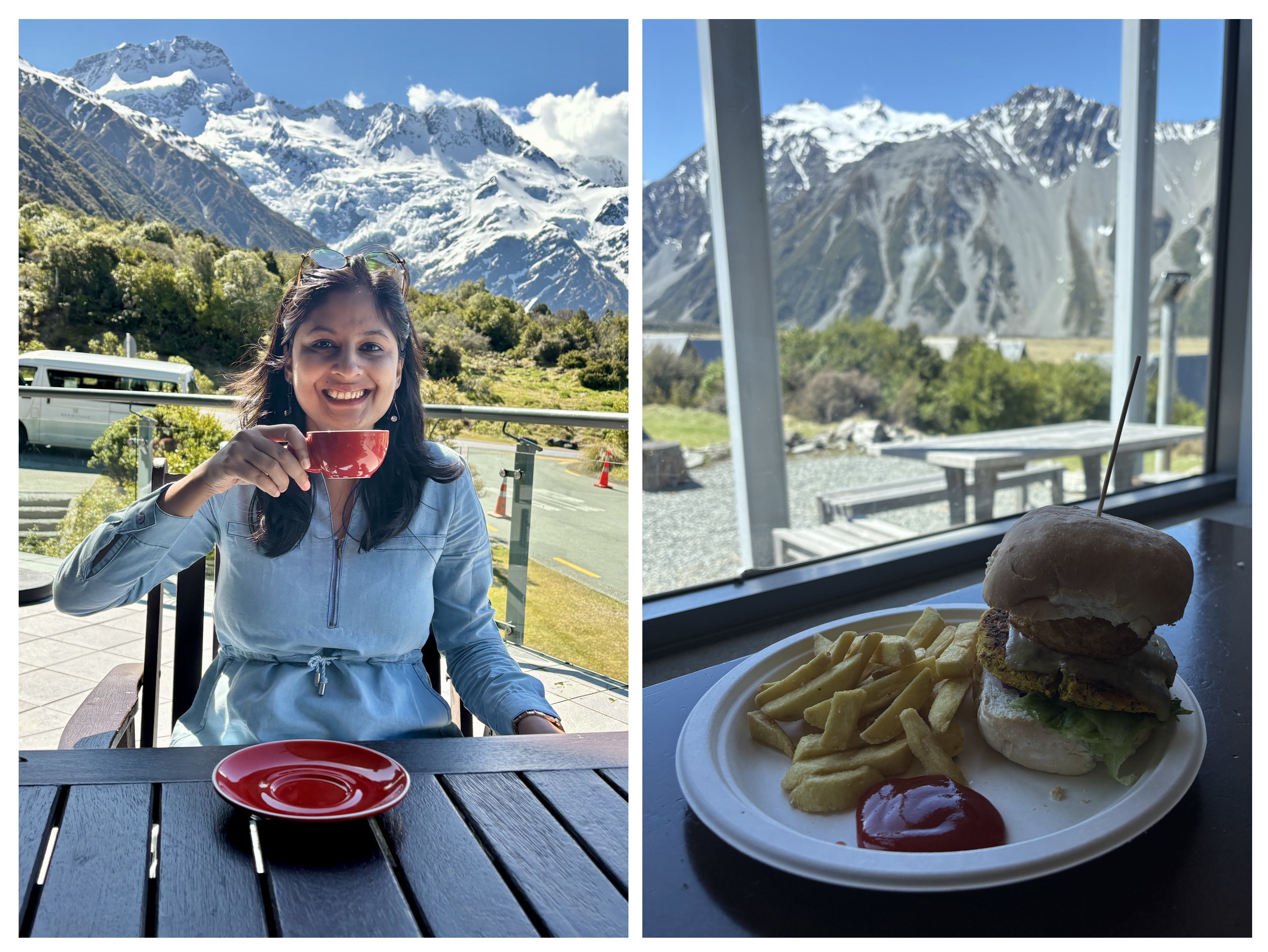 Glacial dining experience lunch at Hermitage Hotel with massive windows facing peaks