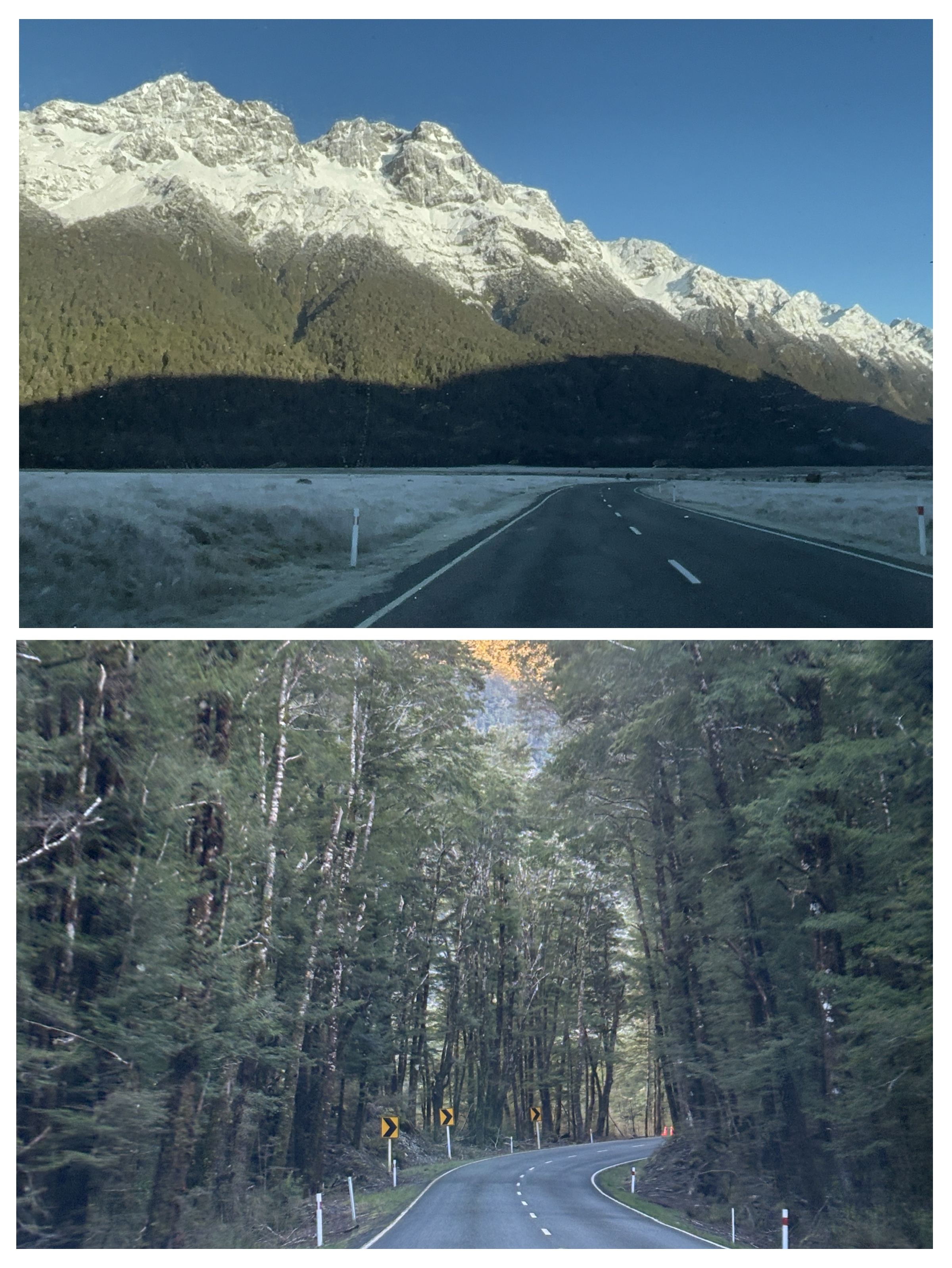 Misty and beautiful winding alpine road to Milford Sound flanked by massive mountains