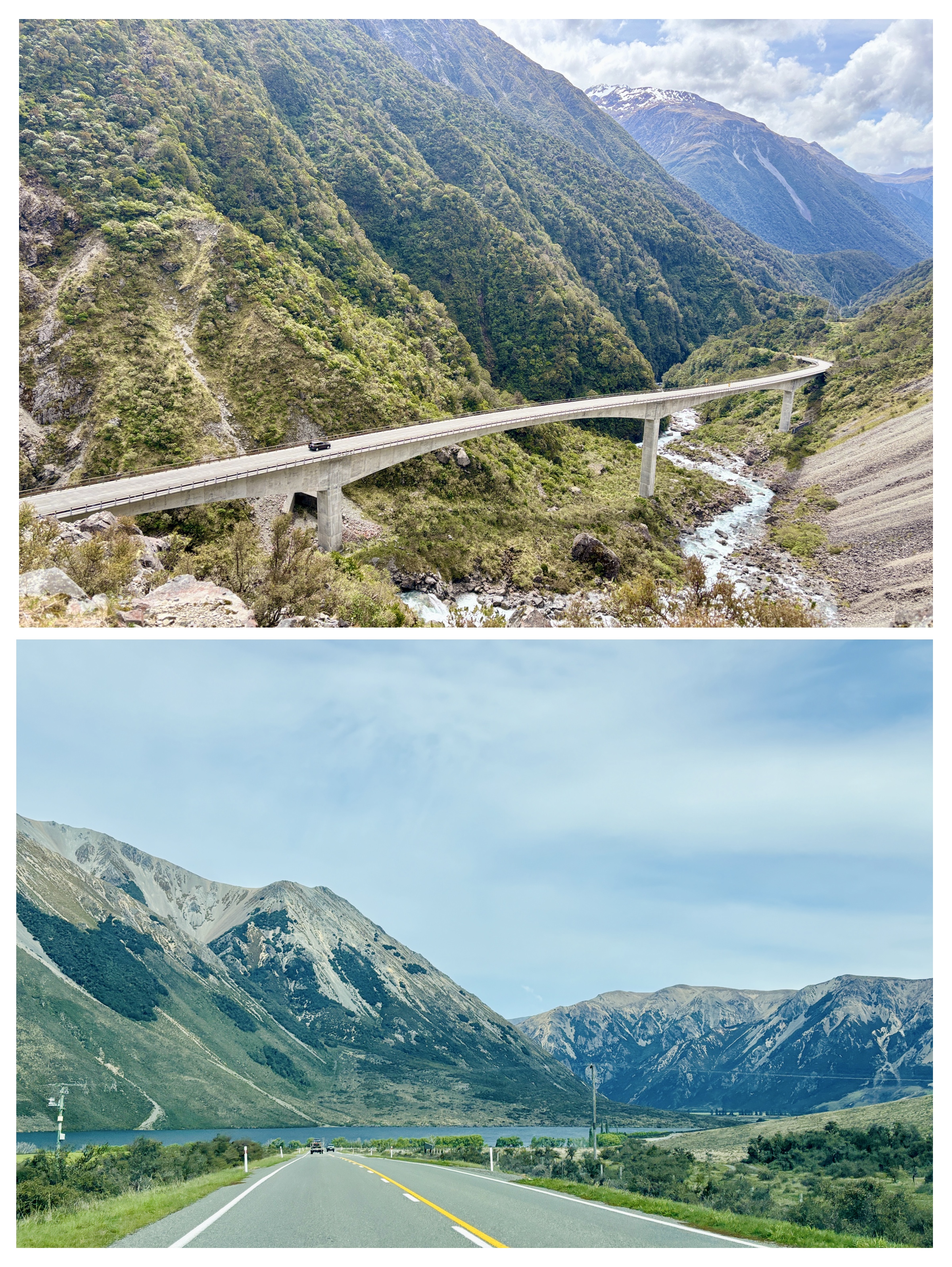 Serene vastness and dramatic mountain peaks flanking Arthur's Pass road