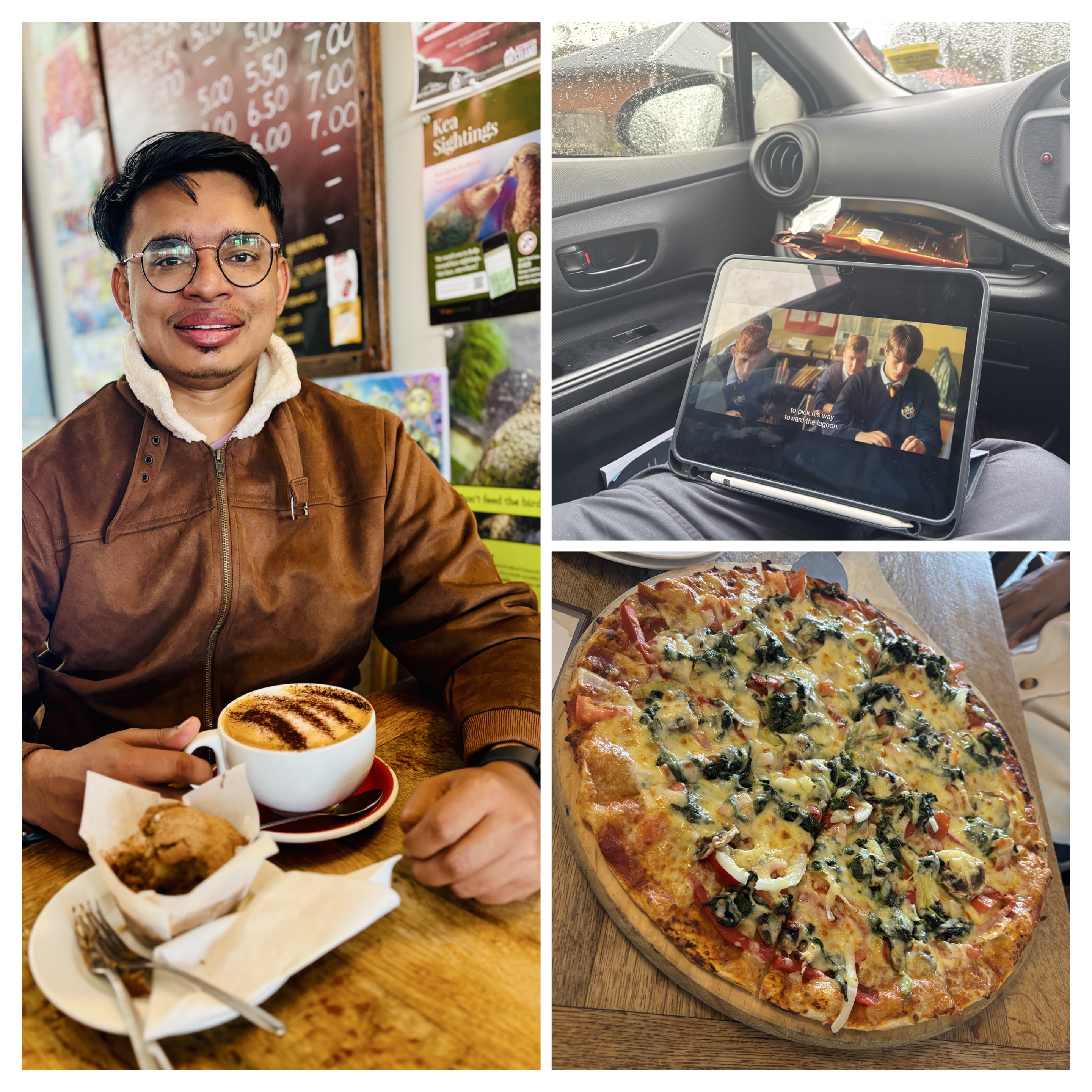 Cozy cafe lunch during rain delay and watching movies in the hybrid hybrid car