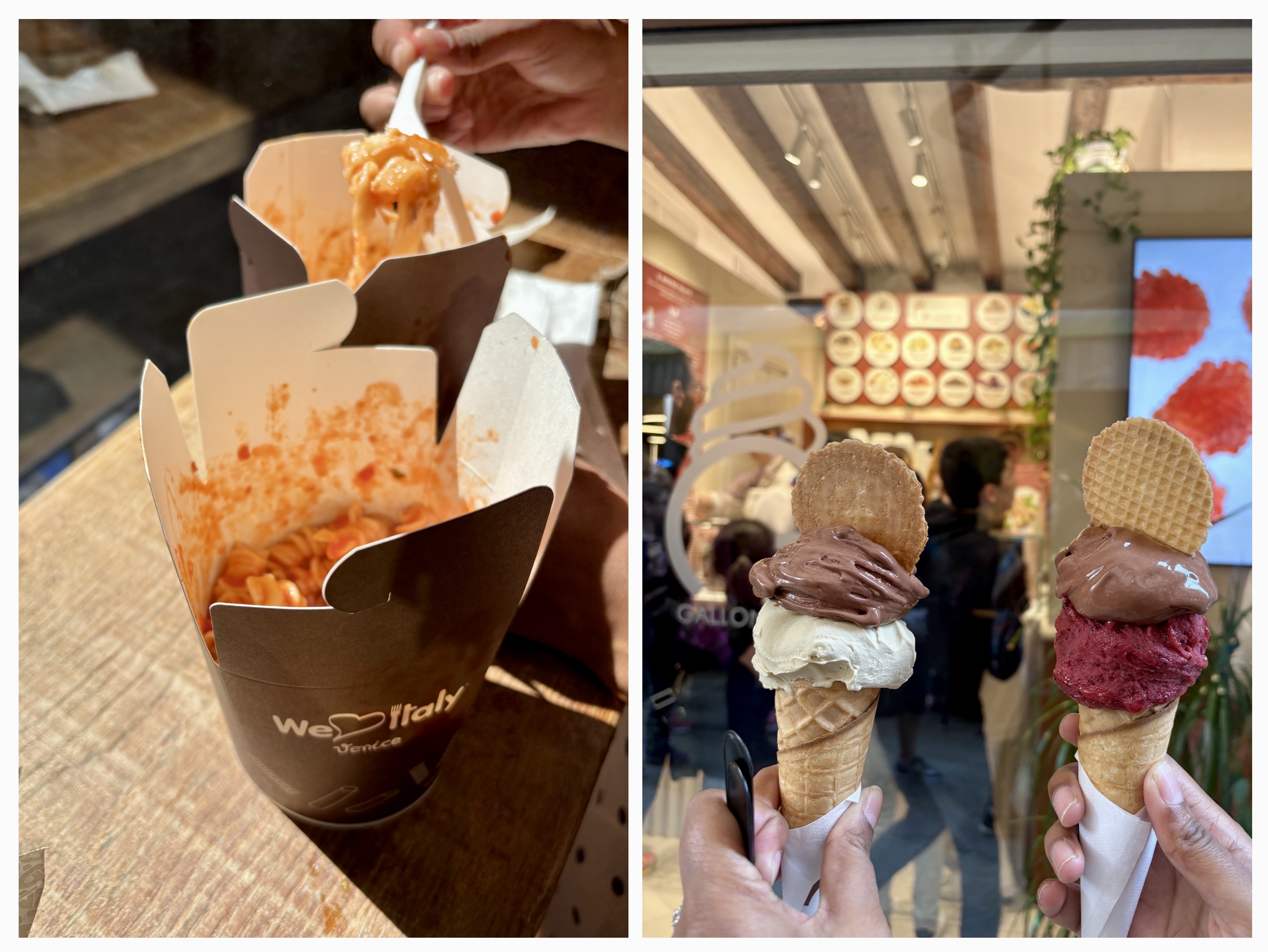 Enjoying fresh pasta and gelato along the Venice canals