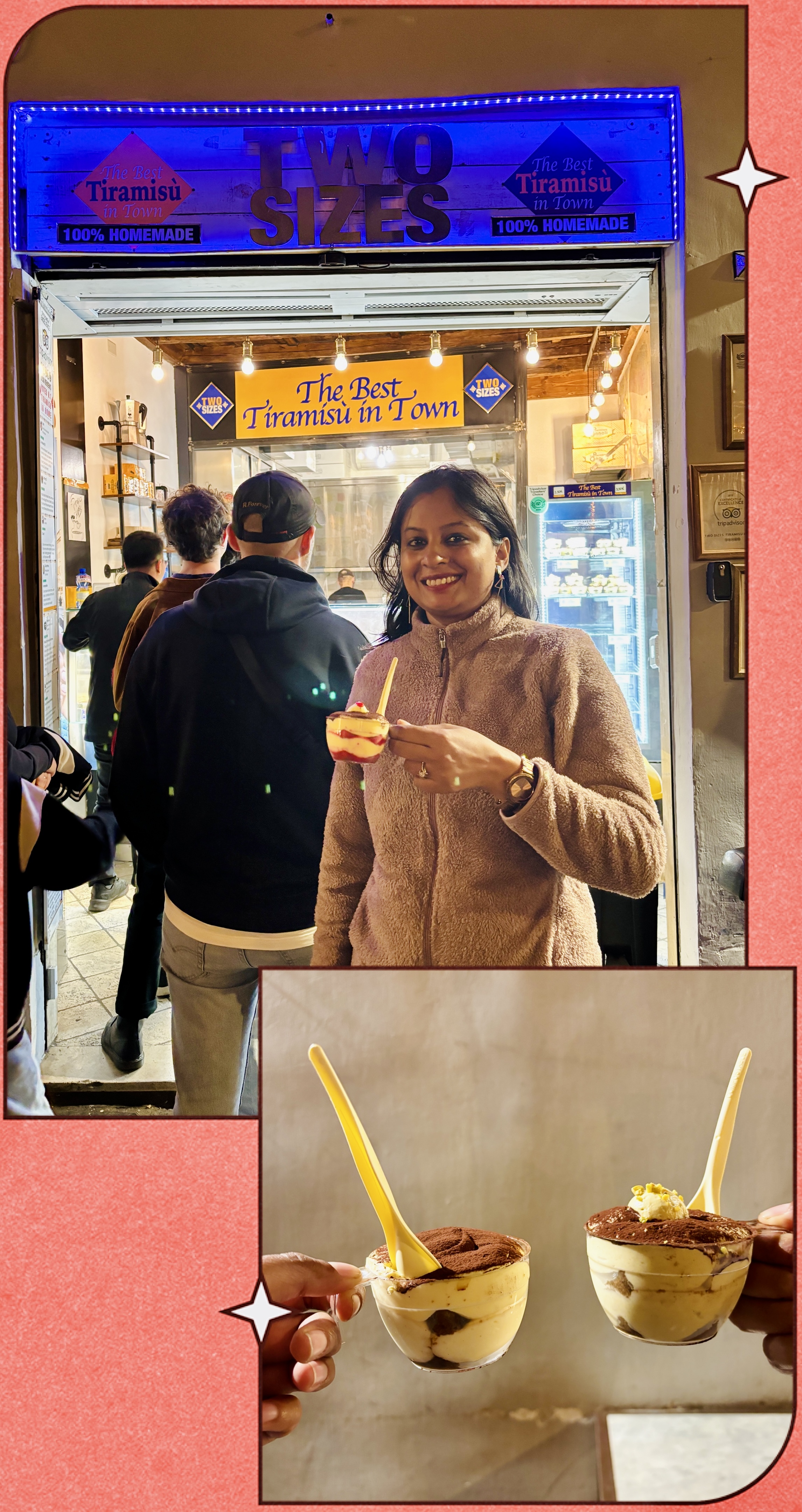 Savoring delicious, colorful Tiramisu cups from Two Sizes in Rome