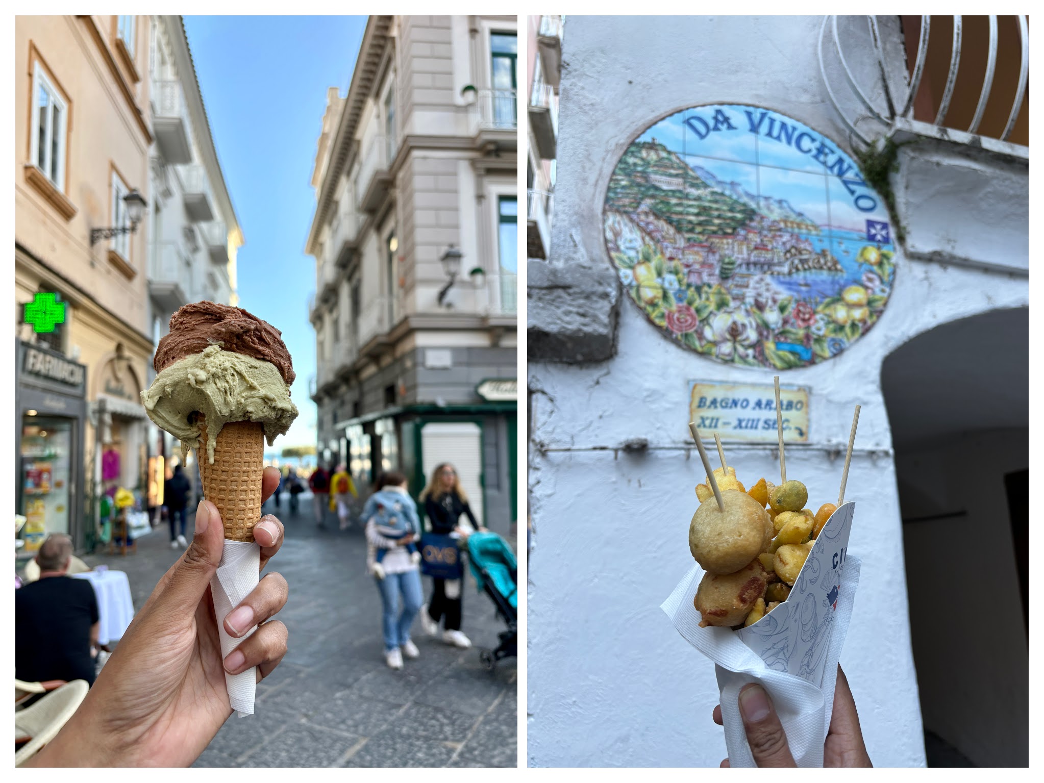 Savoring delicious fresh gelato and hot veg cuoppo in Amalfi village