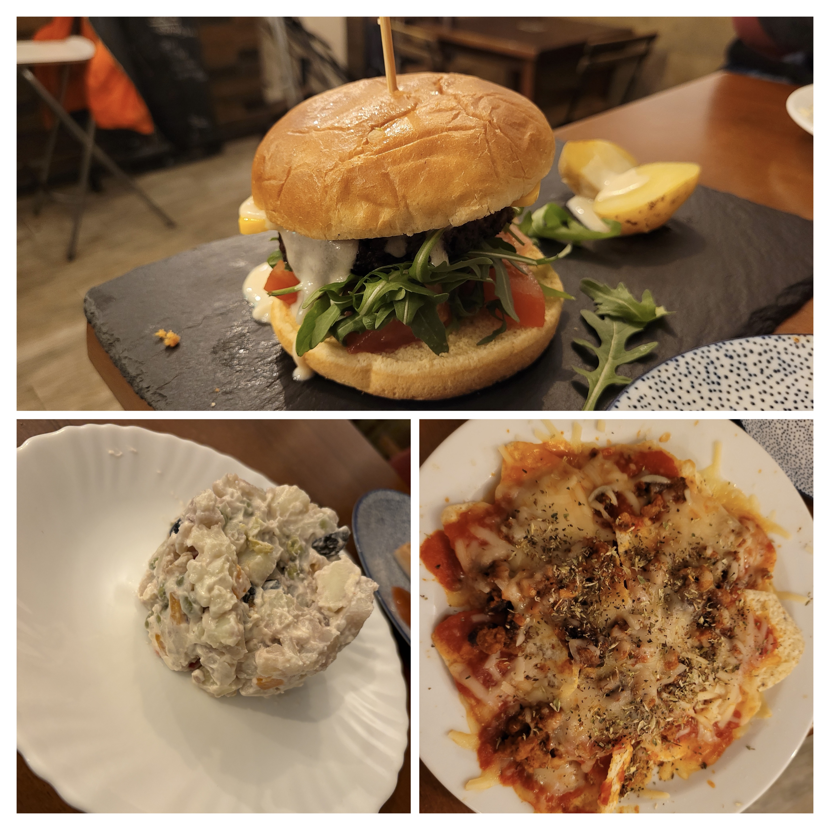 Nachos, gourmet burger, and creamy potato salad dinner in Seville