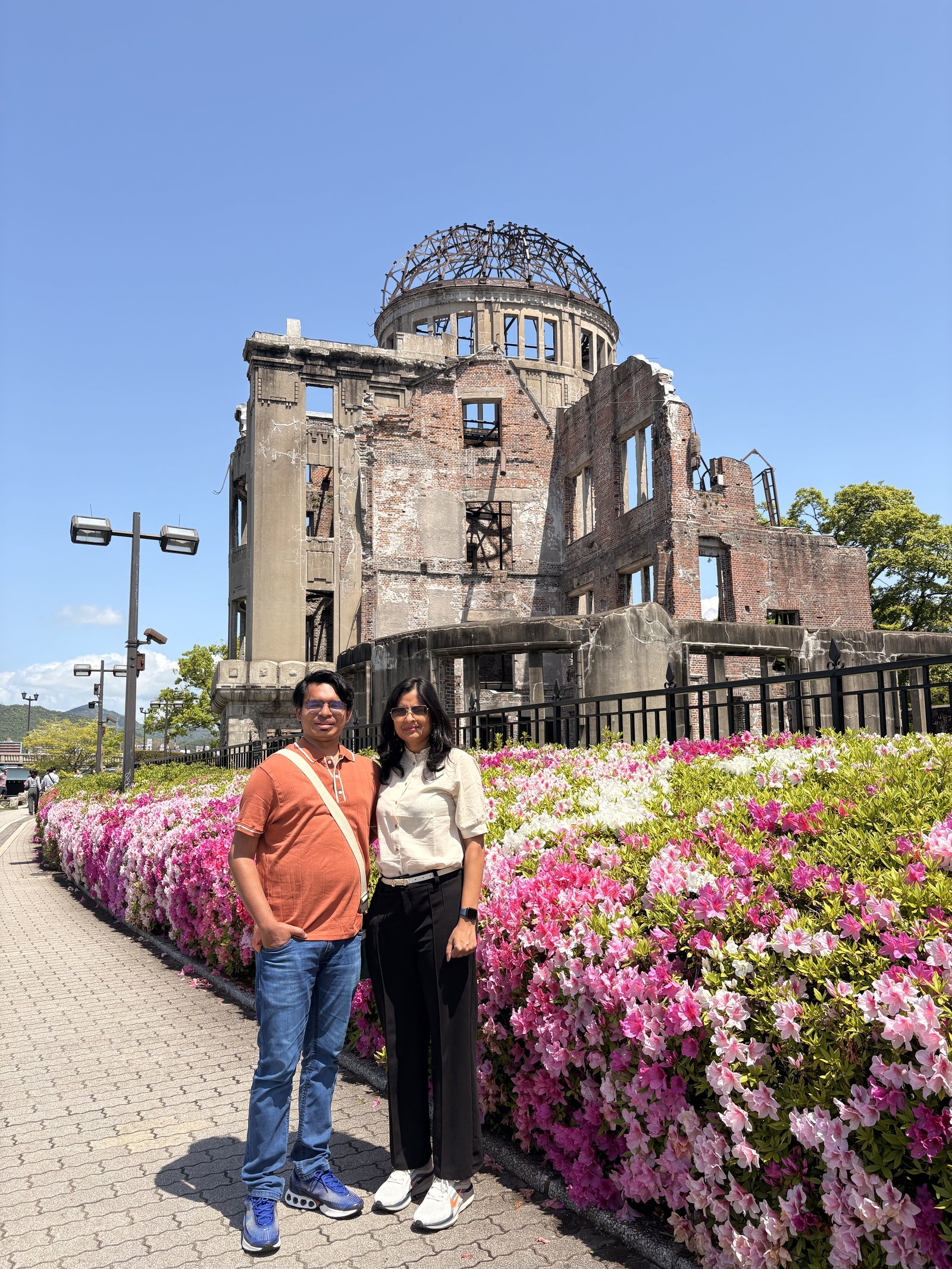 Standing in front of the A-Bomb Dome with spring azaleas