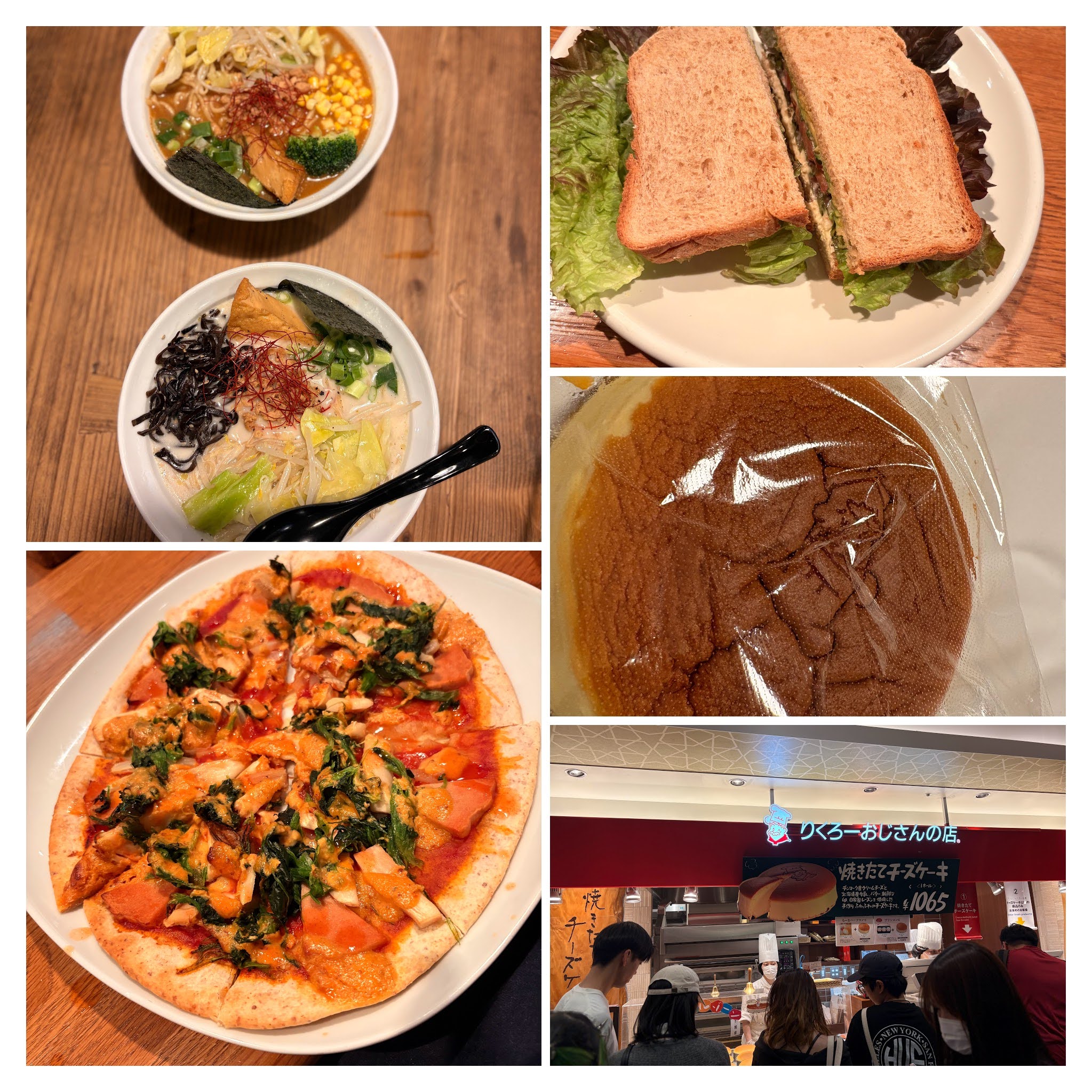 Osaka food collage: two ramen bowls, a sandwich, a Rikuro's cheesecake, a pizza, and the Rikuro's shop counter