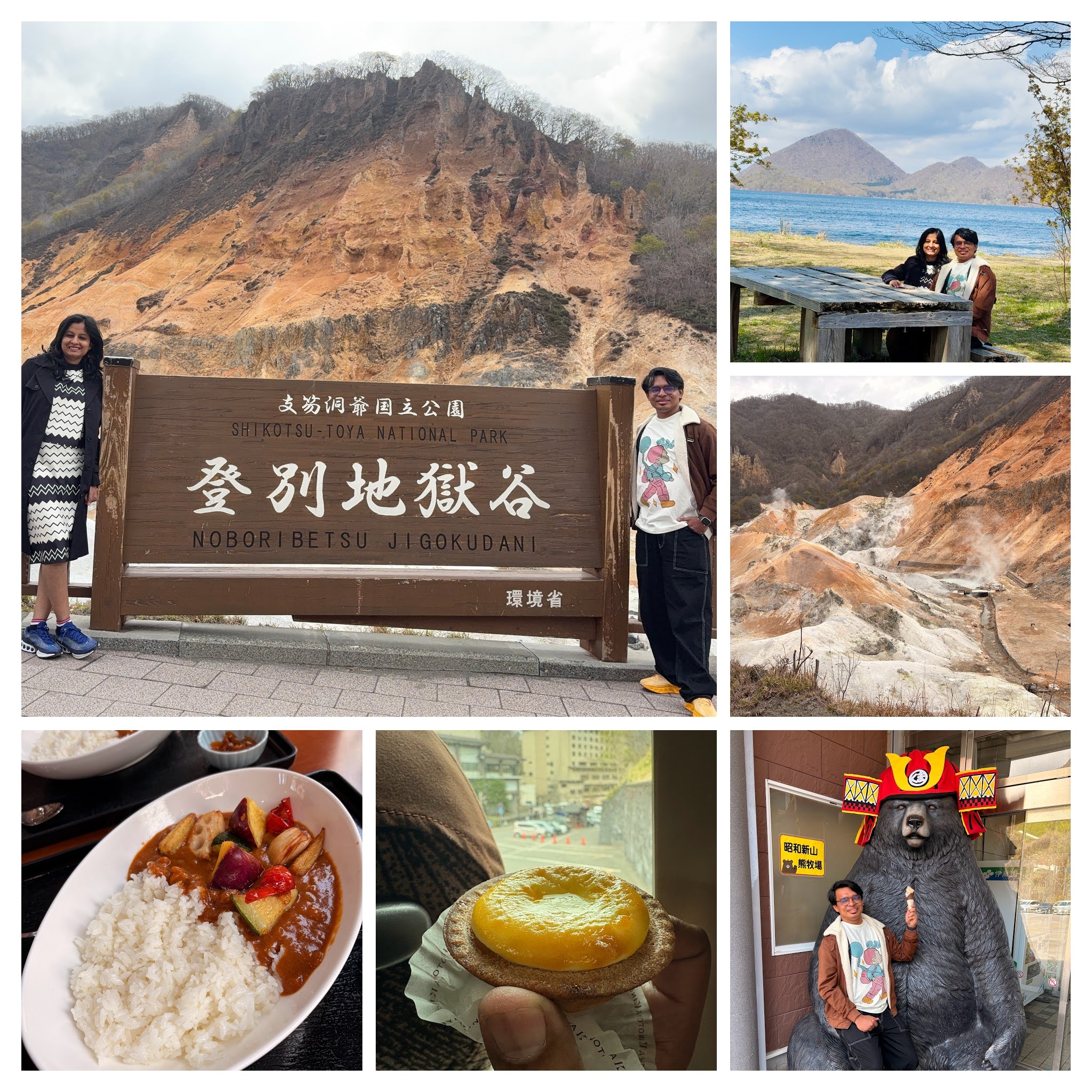 Day 2 collage — Noboribetsu Hell Valley steam vents, Bear Ranch viewing area, vegan ramen and roadside snacks
