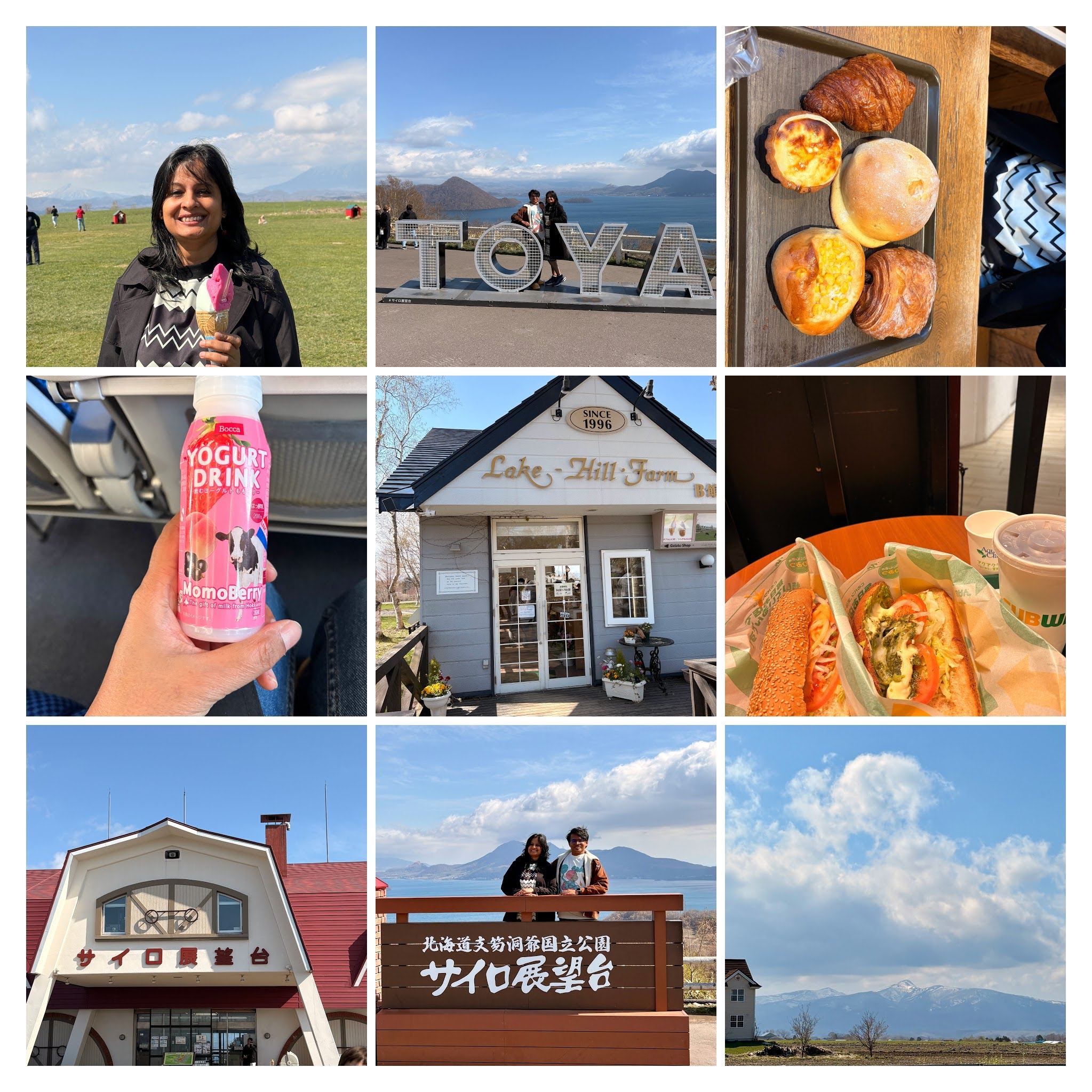 Day 2 collage — Lake Toya from the shoreline, dairy farm yogurt and ice cream tastings, the second Donguri bakery haul